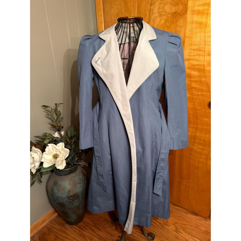 Vintage 80s Slate Blue & Powder Blue Contrast Lapel Trench Coat